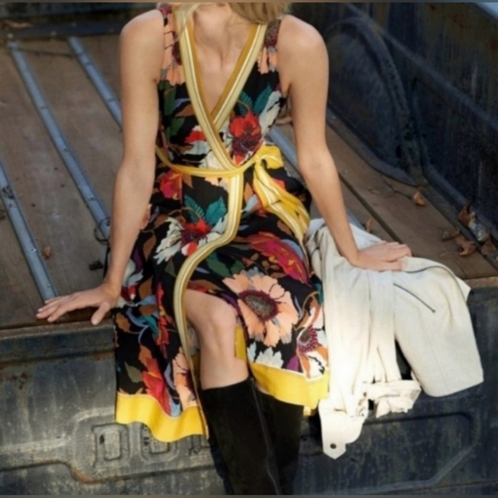 NWT ANTHROPOLOGIE Maeve Botanical Floral Faux Wrap Midi Dress Size 14